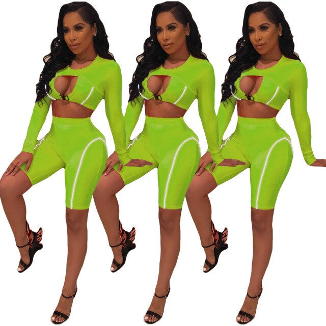 Soul Vibes Two Piece Set Women Tracksuit Festival Clothing Crop Top Biker Shorts Sexy Neon Green Matching Sets 2Piece Club Outfits