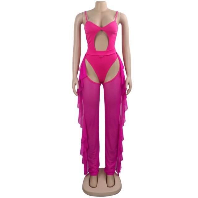 Soul Vibes 2 Piece Set Women Festival Clothing Neon Beach Bodysuit and Sheer Mesh Pants Swimsuit Two Piece Sets Sexy Club Outfits