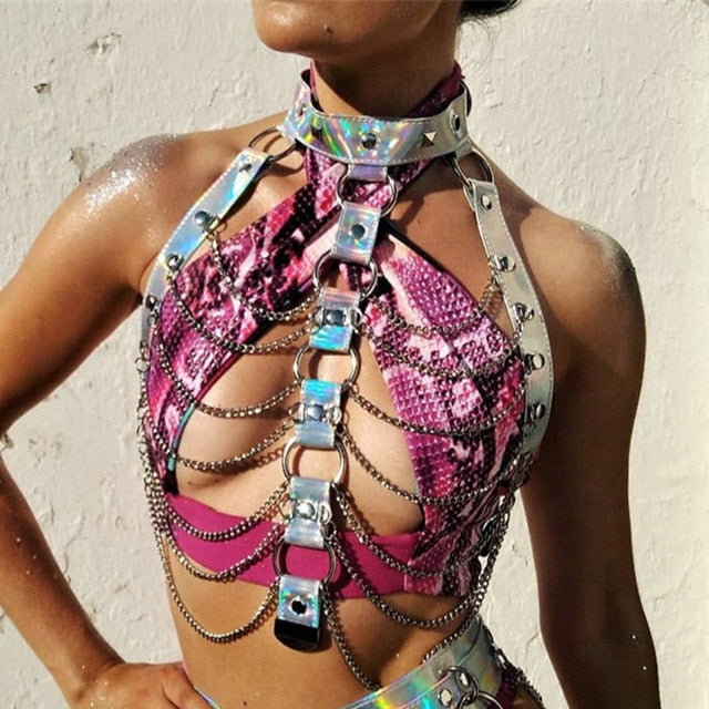 Soul Vibes Laser Holographic Two Piece Set Sexy Hollow Out Leather Choker Metal Chain Crop Top Hot Grid Skirt Rave Festival 2 Pcs Outfits