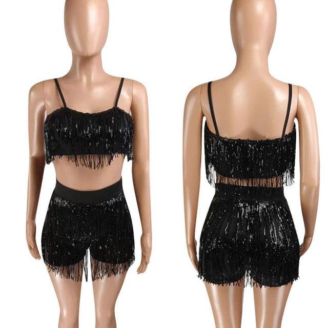 Soul Vibes Sequined Tassel 2 Piece Set Women Festival Clothing Spaghetti Strap Crop Tops and Bodycon Shorts Sets Sexy Party Club Outfits