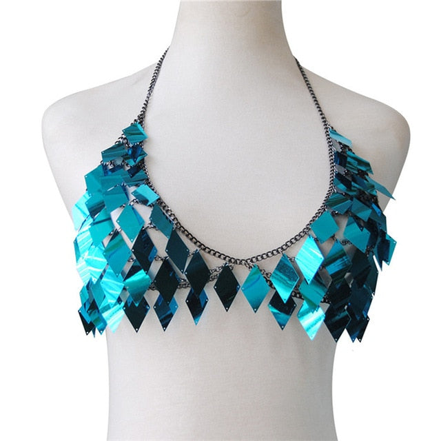 Soul Vibes Simple Rhombic Sequins Lady Camis Fashion Hollow Out Metal Chain Crop Tops Summer Eye-catching Rave Festival Shiny Camisole