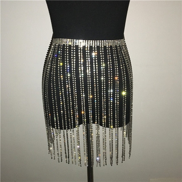 Soul Vibes Chic Diamante Skirt Sexy Hollow Out Patchwork Shiny Rhinestone Tassel Metal Link Chain Skirts Music Festival Lady Fashion Skirt