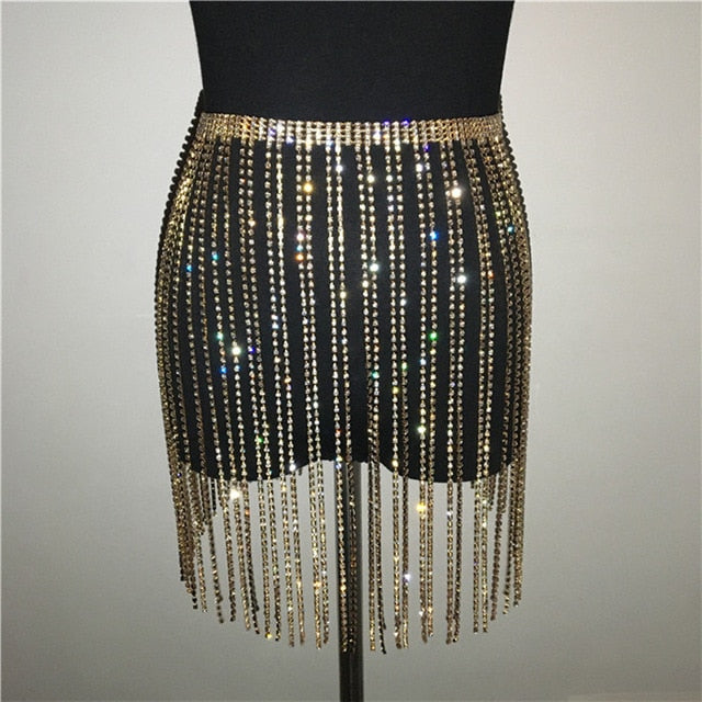 Soul Vibes Chic Diamante Skirt Sexy Hollow Out Patchwork Shiny Rhinestone Tassel Metal Link Chain Skirts Music Festival Lady Fashion Skirt