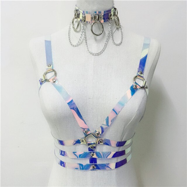 Soul Vibes Fashion PVC Holographic Collar Choker Belt Harness Tank Top Women Sexy Hollow Out Laser Crop Top Rave Festival Tops Clubwear