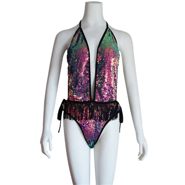 Soul Vibes Summer Bling Dazzling Sequins Backless Bodysuits Women Beach Sexy One Piece Swimming Suits Rave Festival Clothes Rompers
