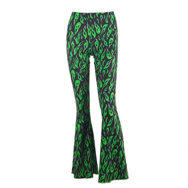 Soul Vibes Neon E-girl Style Long Pants Green Printing Flare Pants Fashion Rave Festival Pants Streetwear Trousers Women Punk Clothes