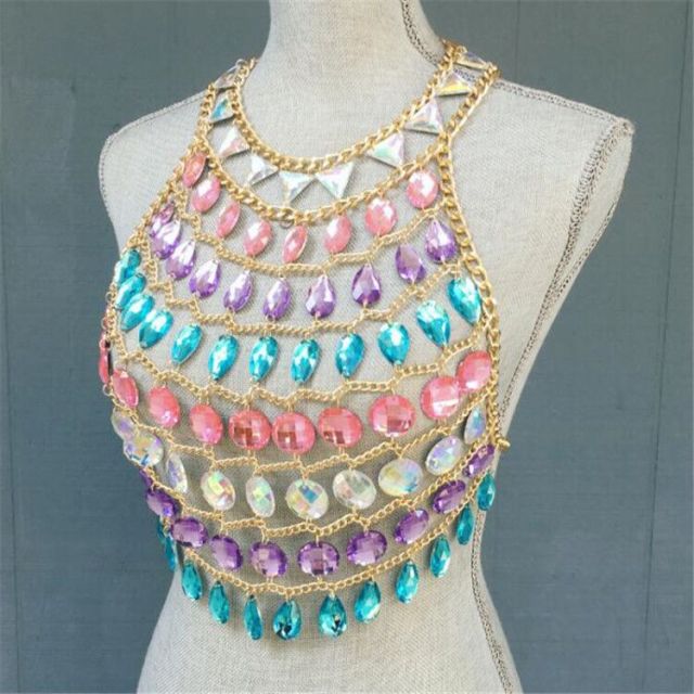 Soul Vibes Women Colorful Acrylic Crystal Festival Tank Tops Beach Sparkly Crazy Gem Sequins O Neck Nightclub Party Camis Crop Top