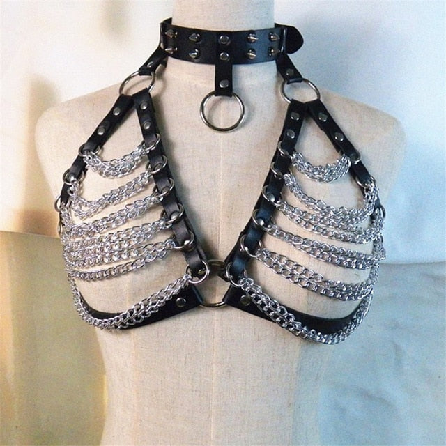 Soul Vibes Faux Leather Crop Top With Rivet Choker Goth Punk Women Hollow Out Link Chains Tank Tops Sexy Festival Rave Top Club Party Camis