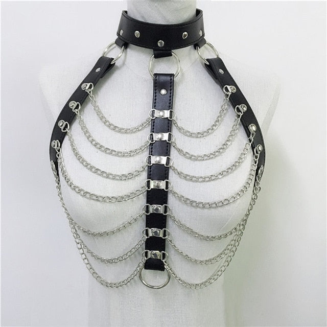 Soul Vibes Gothic Leather Hollow Out Crop Top Women Link Chain Tassel Tank Tops Rave Festival Tops Summer Beach Top Sexy Party Clubwear