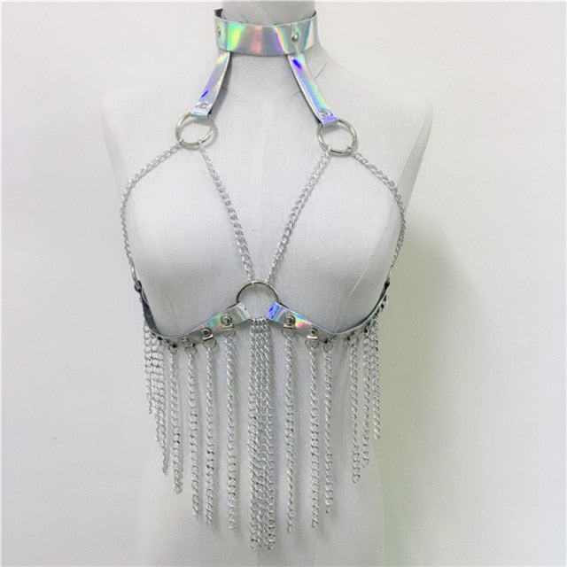 Soul Vibes Gothic Leather Hollow Out Crop Top Women Link Chain Tassel Tank Tops Rave Festival Tops Summer Beach Top Sexy Party Clubwear