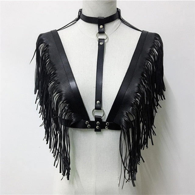 Soul Vibes Gothic Leather Hollow Out Crop Top Women Link Chain Tassel Tank Tops Rave Festival Tops Summer Beach Top Sexy Party Clubwear