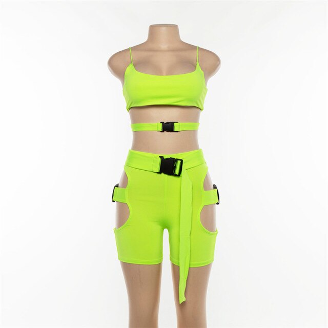 Soul Vibes Neon Green Two Piece Set Tracksuit Women Summer Top and Biker Shorts Rave Festival Sexy Club Outfits 2 Pcs Matching Sets