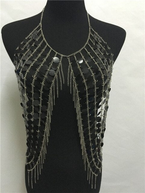 Soul Vibes Festival Bling Plastic Sequined Crop Tops Women 2019 Sexy Metal Chain Tassel Nightclub Dance Wear Party Burning Outfits Tank Top