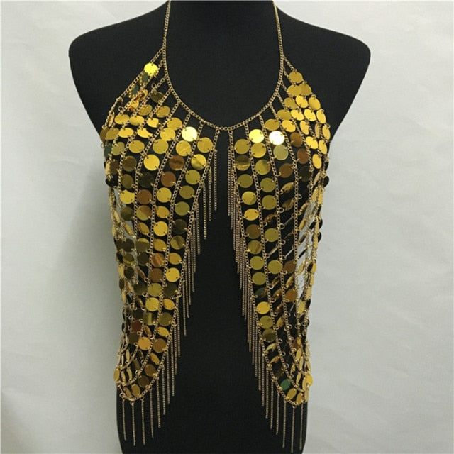 Soul Vibes Festival Bling Plastic Sequined Crop Tops Women 2019 Sexy Metal Chain Tassel Nightclub Dance Wear Party Burning Outfits Tank Top