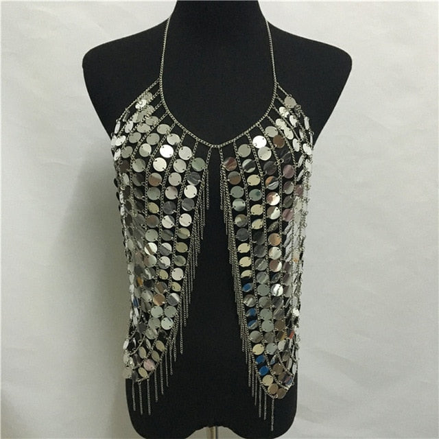 Soul Vibes Festival Bling Plastic Sequined Crop Tops Women 2019 Sexy Metal Chain Tassel Nightclub Dance Wear Party Burning Outfits Tank Top
