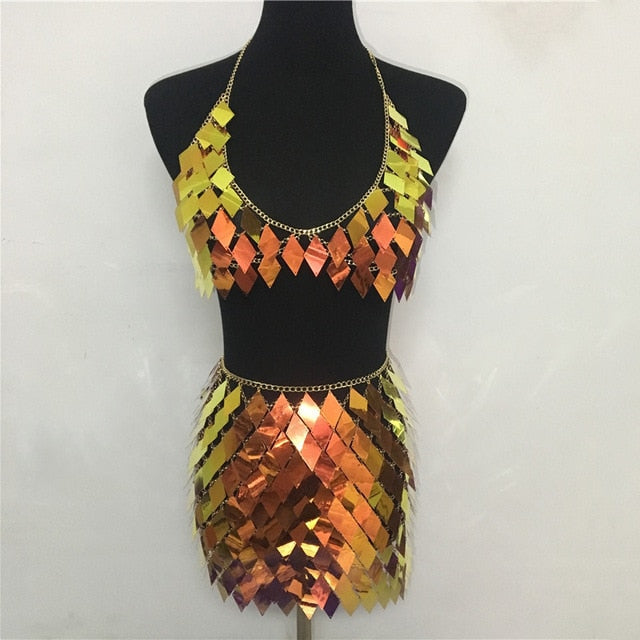Soul Vibes Glisten Rhombic Sequins Two Piece Set Hollow Out Metal Chain Crop Tops Sexy Mini Skirt Summer Rave Festival Lady Outfits