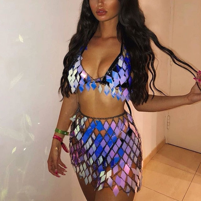 Soul Vibes Glisten Rhombic Sequins Two Piece Set Hollow Out Metal Chain Crop Tops Sexy Mini Skirt Summer Rave Festival Lady Outfits