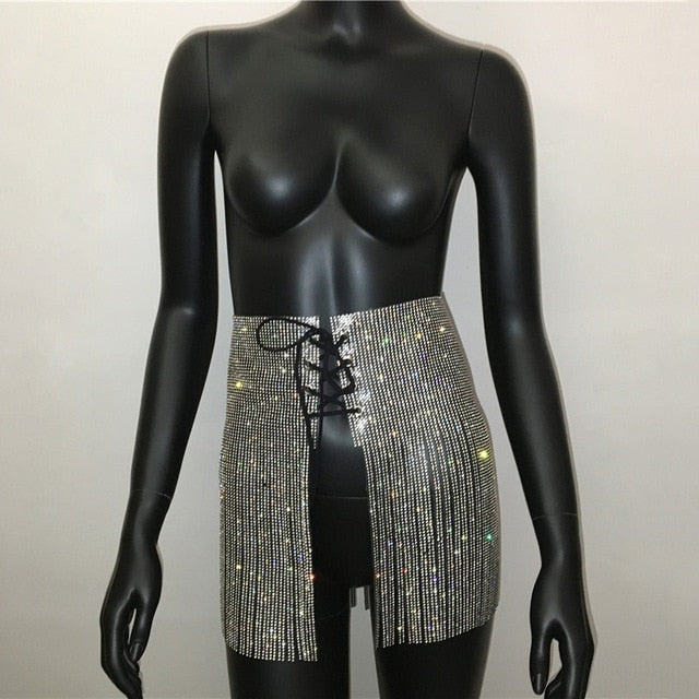 Soul Vibes Festival Sexy Rhinestone Sequins Tassel Skirt Handmade Women Rhinestone Lace Up High Waist Nightclub Party Mini Skirt for Lady