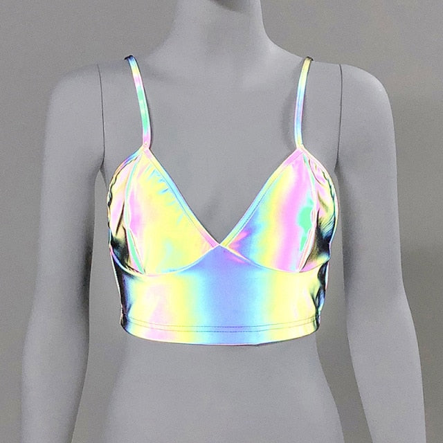 Soul Vibes Hirigin Women Reflective Crop Tops Night Club Sexy Wear Buckles Festival Bralette Bralet Bra Bustier Vest Camisole