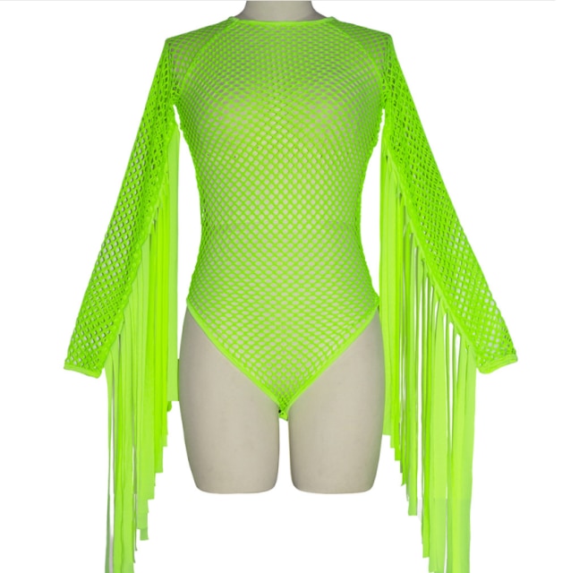 Soul Vibes Jazz Dance Costume Neon Green Tassel Jumpsuit Nightclub Gogo Dancer Stage Hip Hop Clothes Dj Suit Female Rave Bodysuit DQL2452