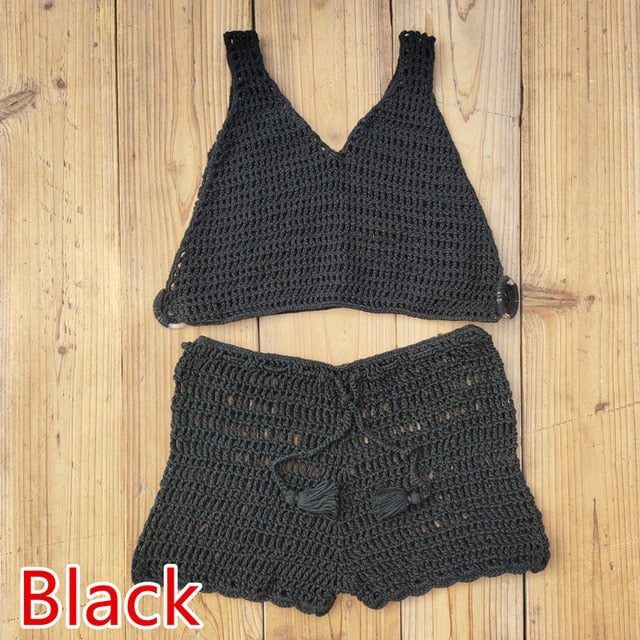 Soul Vibes Hand Crochet Cover UP Bikini Set Net Women Boho Sexy Beach Shorts Festival Clothing