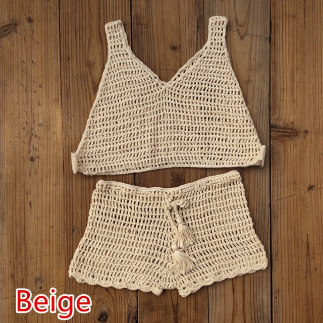 Soul Vibes Hand Crochet Cover UP Bikini Set Net Women Boho Sexy Beach Shorts Festival Clothing