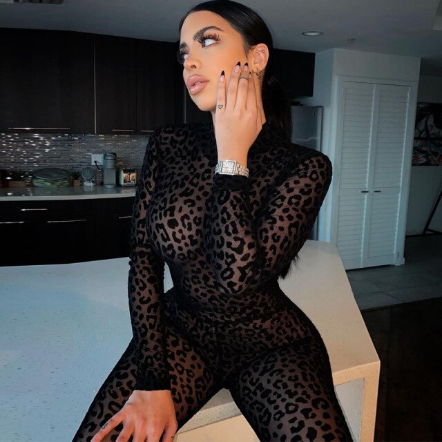 Soul Vibes See Through Transparent Leopard Print Sexy Overalls for Women Autum Mesh Slim Long Jumpsuit Festival Body Outfits Party Clothing