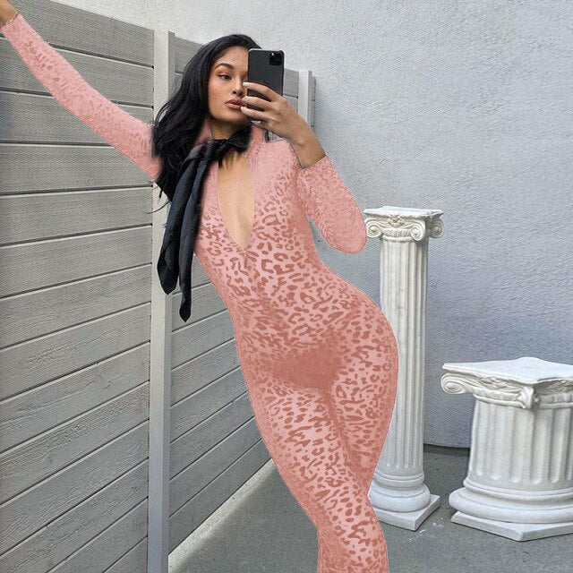 Soul Vibes See Through Transparent Leopard Print Sexy Overalls for Women Autum Mesh Slim Long Jumpsuit Festival Body Outfits Party Clothing