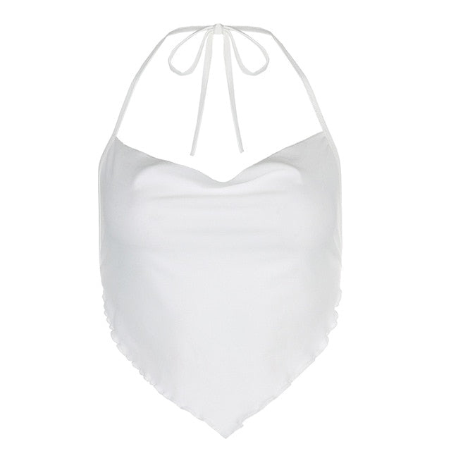 White Sleeveless Sexy Halter Rhombus Y2K Crop Tops for Women Rave Festival Backless Lacing Cropped Feminino Tops Cuteandpsycho