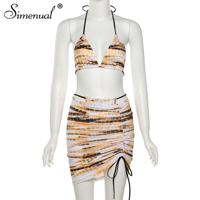 Soul Vibes Festival Clothing Drawstring Ruching 2 Piece Outfits Women Bra And Skirt Printed Matching Sets Sexy Hot Summer Fit 2021