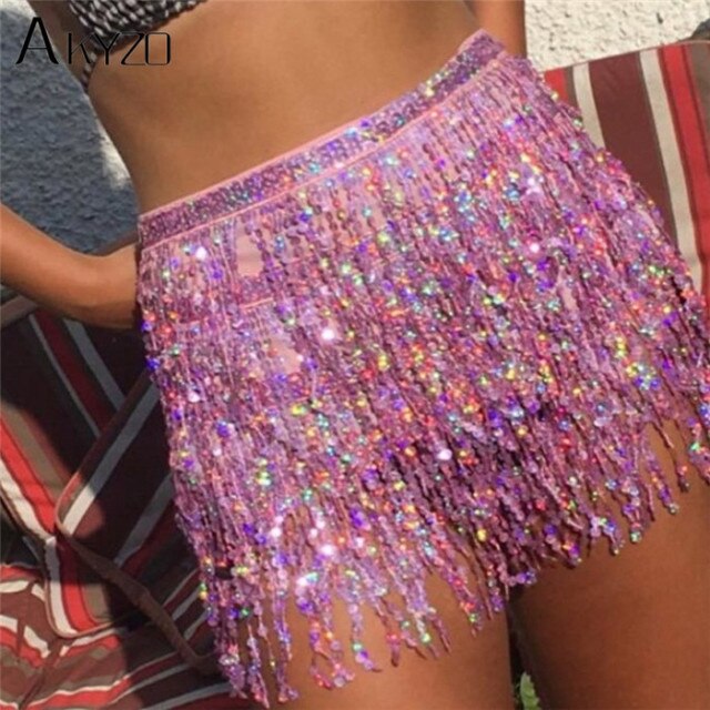 Soul Vibes Festival Party Sequins Tassel Skirt Women Dance Nightclub Fringe Hip Belt Samba Wrap Skirt 9 Colors