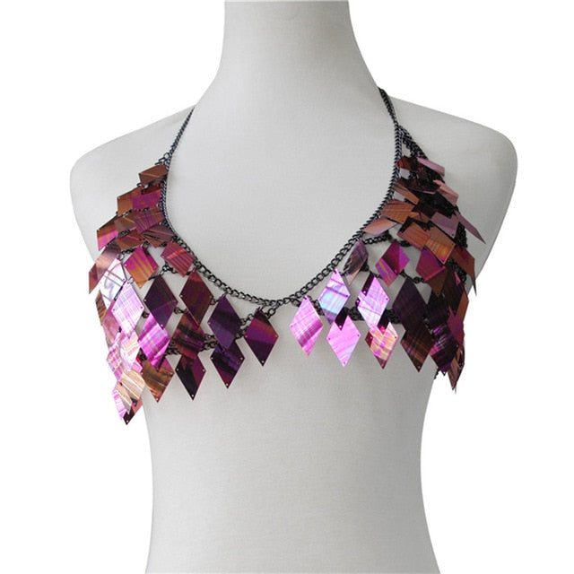Soul Vibes Simple Rhombic Sequins Lady Camis Fashion Hollow Out Metal Chain Crop Tops Summer Eye-catching Rave Festival Shiny Camisole