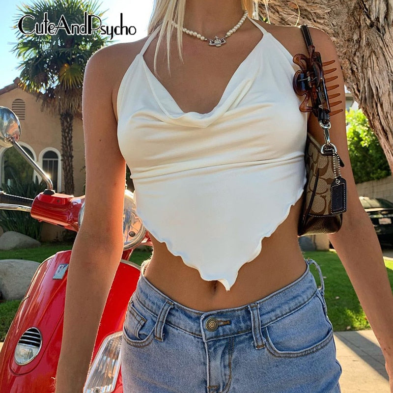 White Sleeveless Sexy Halter Rhombus Y2K Crop Tops for Women Rave Festival Backless Lacing Cropped Feminino Tops Cuteandpsycho